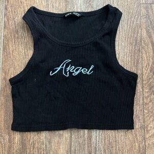 SHEIN Black Ribbed Tank Top with Blue 'Angel' Embroidery